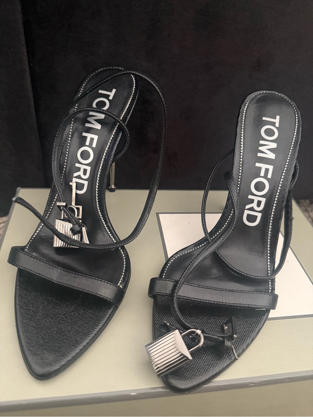 Tom Ford Black Leather Strappy Stiletto Sandals with Padlock Accent